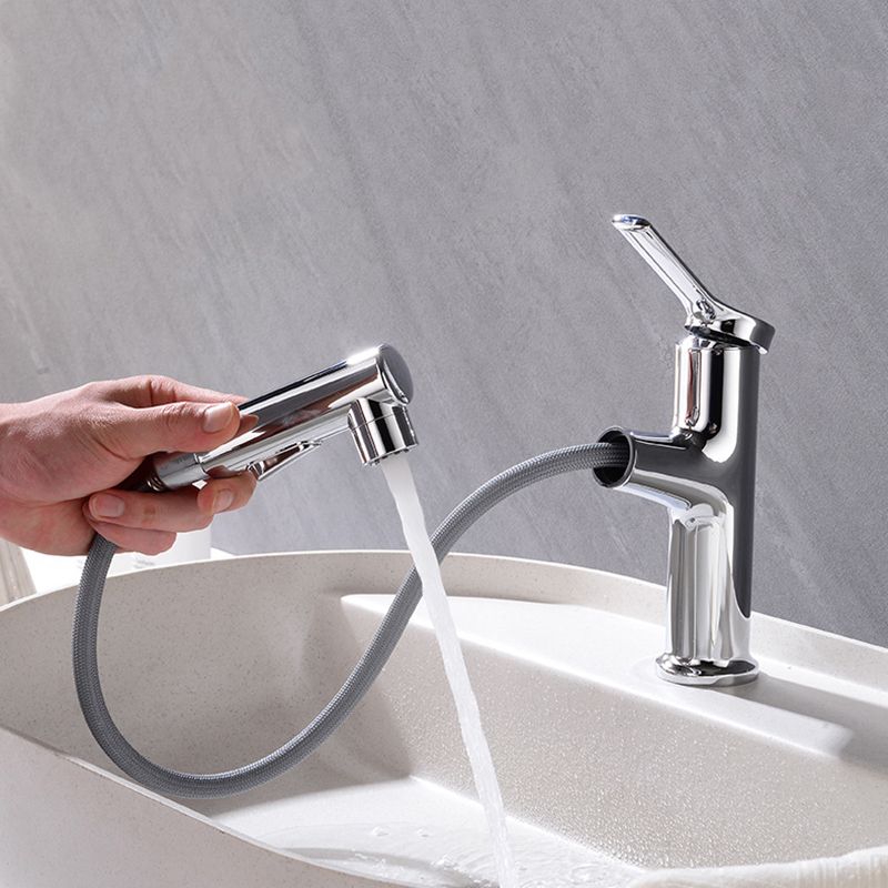 Round contemporary bathroom faucet with lever handle and single hole installation