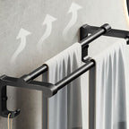 Contemporary bathroom accessory set with black finish and bath shelf/towel bar