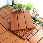 Classic wooden deck tiles connecting composite patio tiles