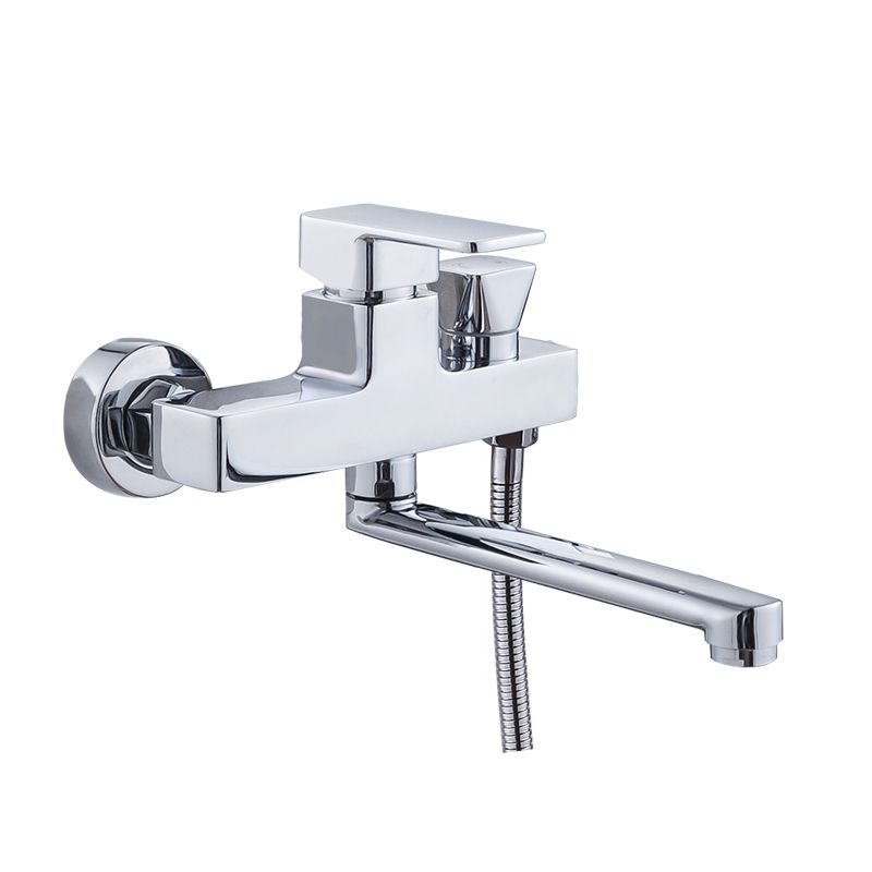 Chrome polished bathroom faucet wall-mounted with swivel spout and hand shower