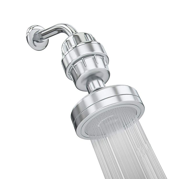 Contemporary solid shower head in silver with Catalyst wall-mounted shower head