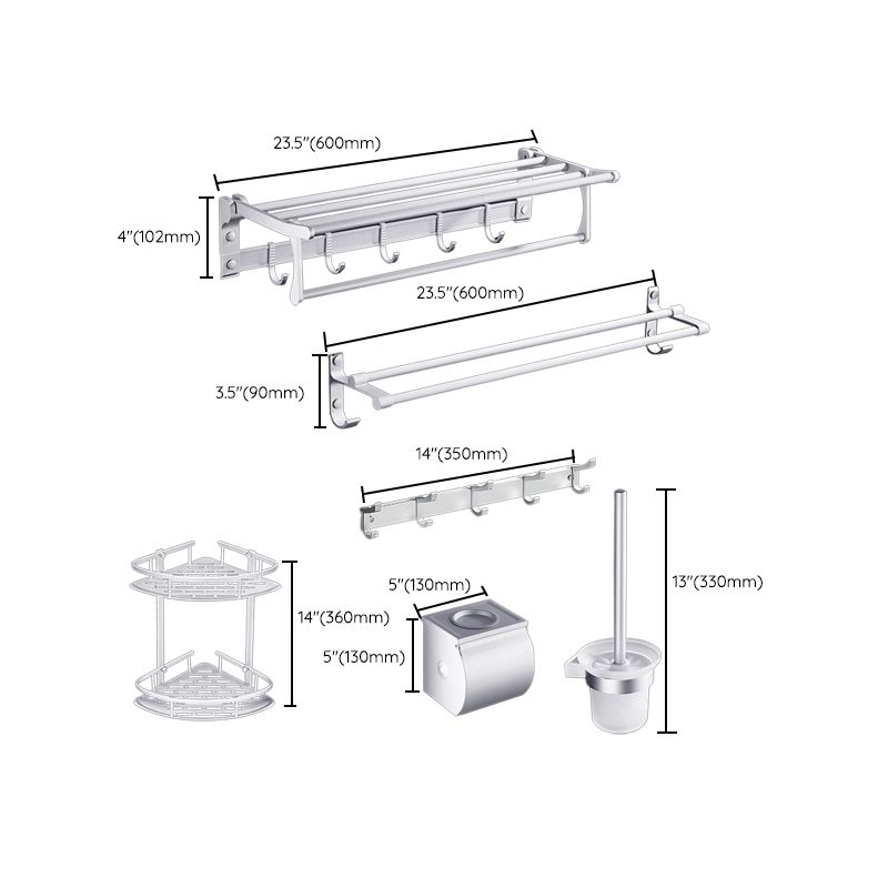 Contemporary silver metal bathroom accessory set with towel holder