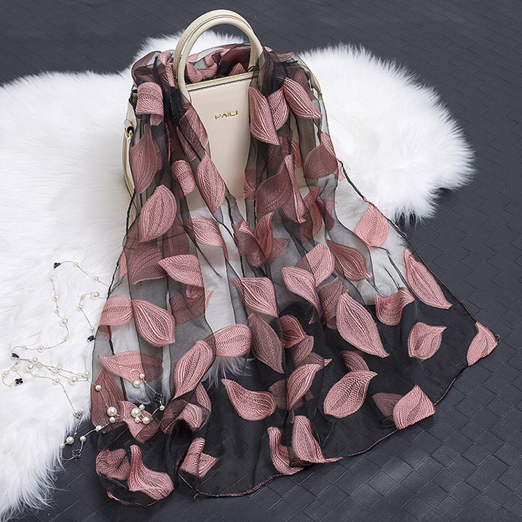 Silk scarf with cut flowers hollow motif