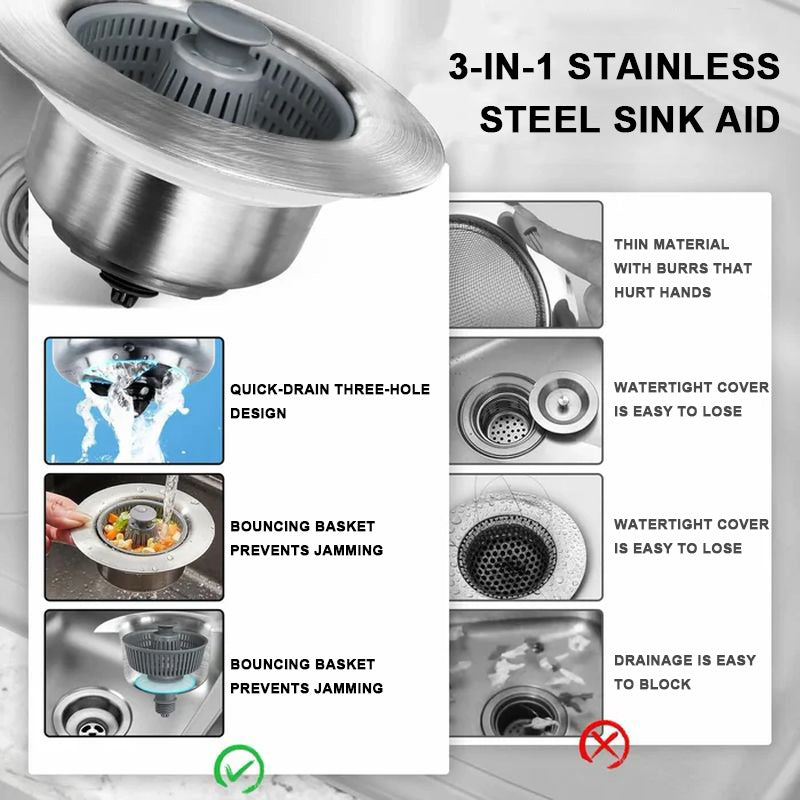 3-in-1 Sink Drain Strainer with Anti-Clogging and Odor Control