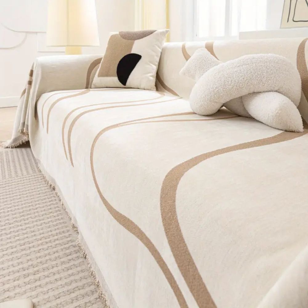 Wave-Pattern Chenille Sofa Cover with Tassels and Non-Slip Fit