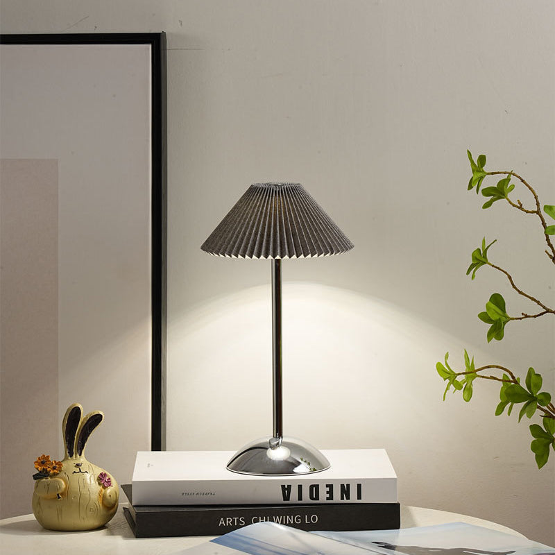 Contemporary Scandinavian rechargeable iron fabric cone pleated LED table lamp for bedside
