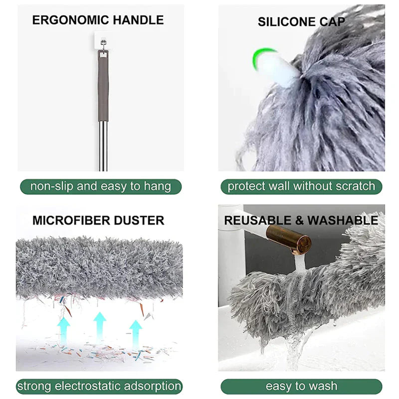 Retractable and washable, curved dust brush in microfiber