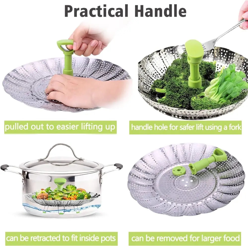 Adjustable steam cooker made of stainless steel – Foldable basket for healthy cooking