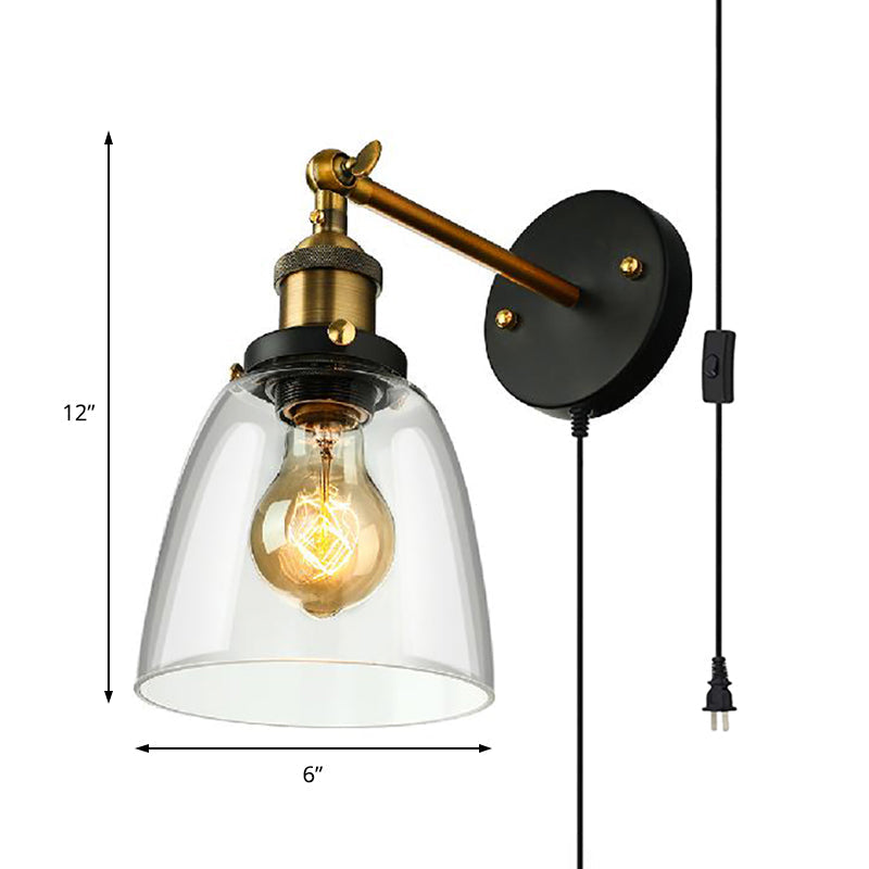Tapered Bedroom Wall Light Lighting Decoration Rustic Clear Glass 1 Light Black Wall Lamp with Plug Cable