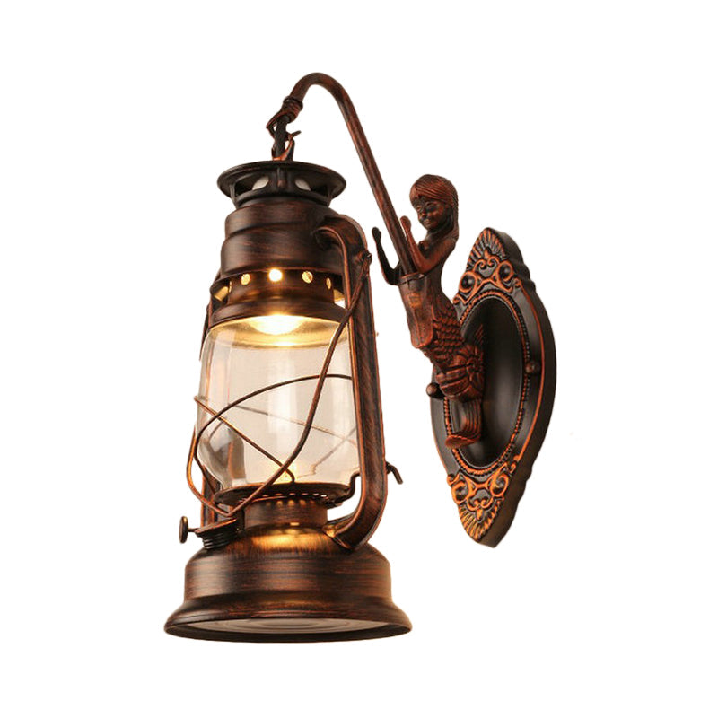 One Bulb Wall Lamp with Lantern Shade Clear Glass Coast Bedroom Wall Lamp in Black/Antique Brass/Aged Copper with Mermaid