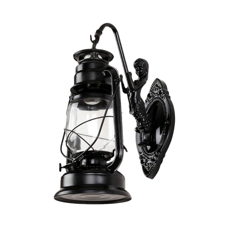 One Bulb Wall Lamp with Lantern Shade Clear Glass Coast Bedroom Wall Lamp in Black/Antique Brass/Aged Copper with Mermaid