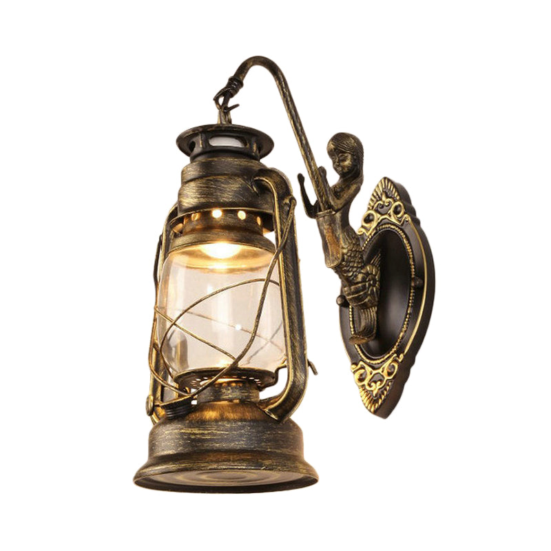One Bulb Wall Lamp with Lantern Shade Clear Glass Coast Bedroom Wall Lamp in Black/Antique Brass/Aged Copper with Mermaid