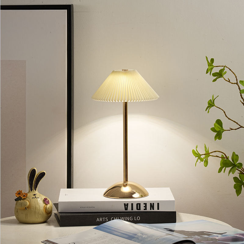 Contemporary Scandinavian rechargeable iron fabric cone pleated LED table lamp for bedside