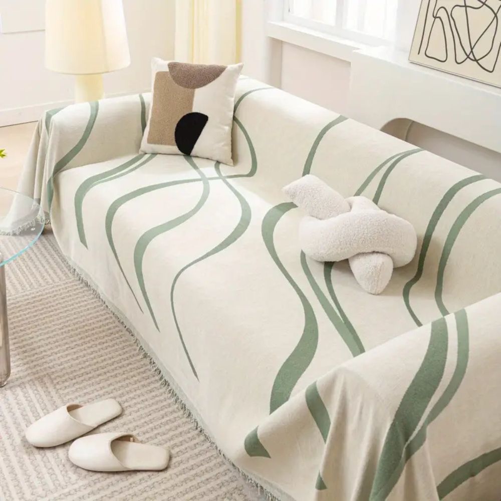 Wave-Pattern Chenille Sofa Cover with Tassels and Non-Slip Fit