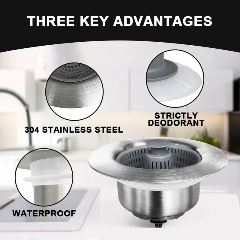 3-in-1 Sink Drain Strainer with Anti-Clogging and Odor Control