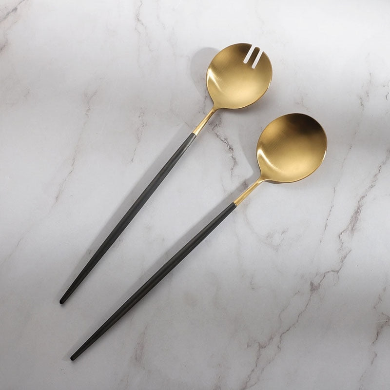 Black and gold salad cutlery and serving utensils set