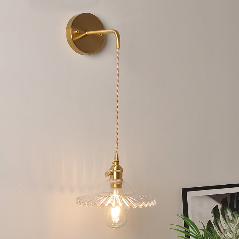 Shaped Clear/Opal Glass Wall Lamp Industrial Single Bulb Bedroom Sconces Light in Brass