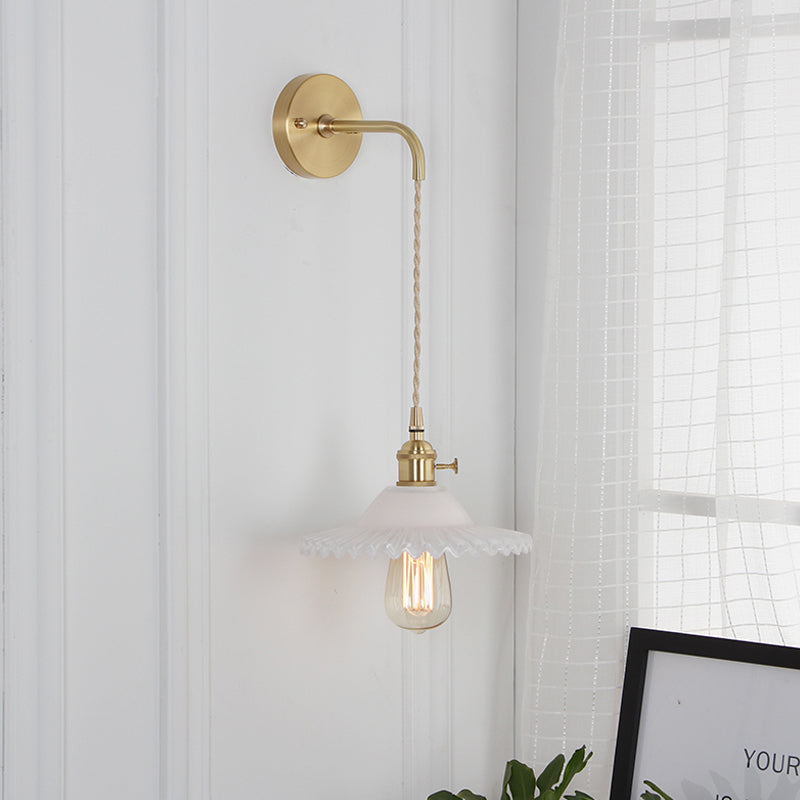 Shaped Clear/Opal Glass Wall Lamp Industrial Single Bulb Bedroom Sconces Light in Brass