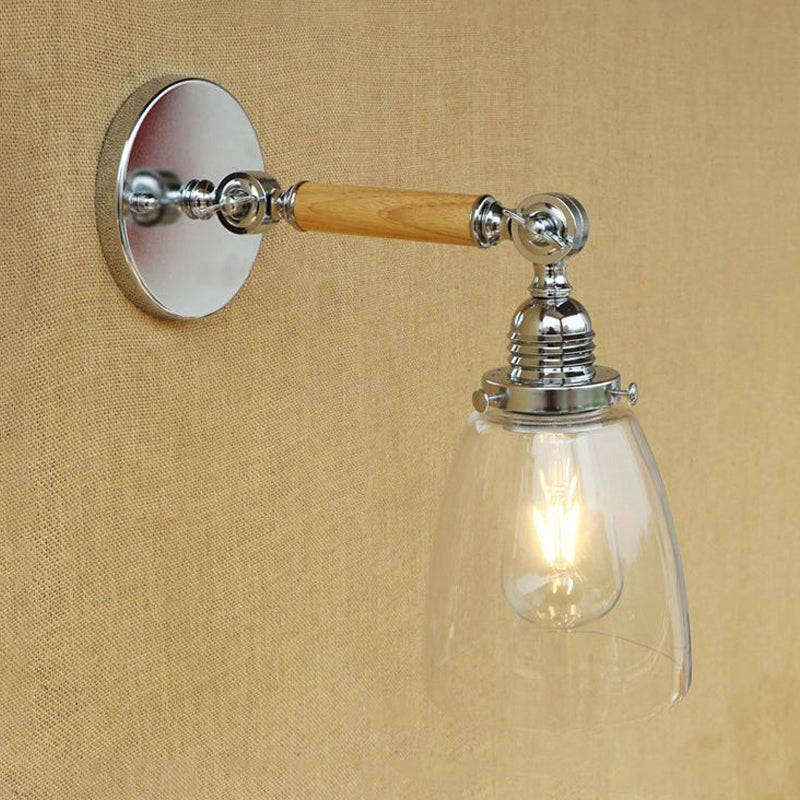 Single-layer wall lamp with dome shade clear glass industrial living room light, 8"/4"/6" L wood arm