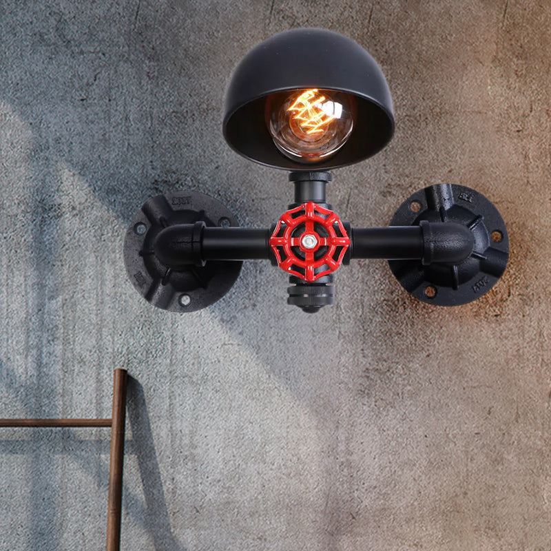 Steampunk Dome Wall Lamp Fixture with Valve Wheel 1 Head Metallic Wall Light in Black for Living Room