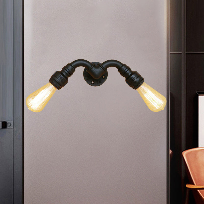 Vintage Style Bare Bulb Wall Lamp with Pipe Design 2 Heads Metal Wall Lamp in Black for Indoor