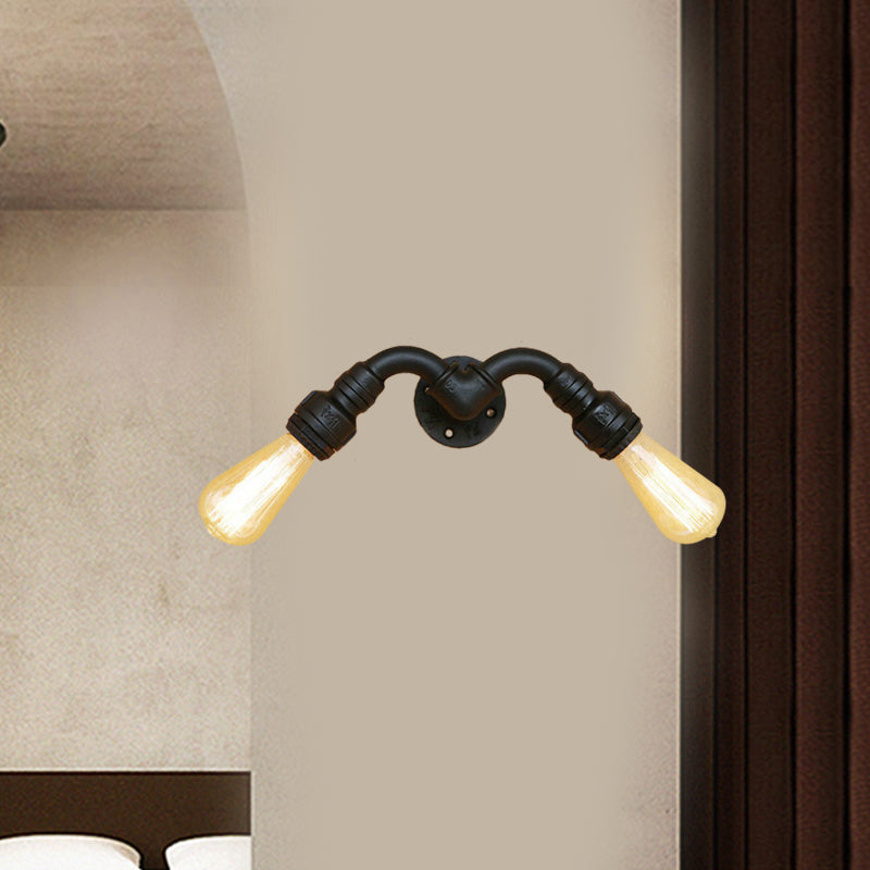 Vintage Style Bare Bulb Wall Lamp with Pipe Design 2 Heads Metal Wall Lamp in Black for Indoor