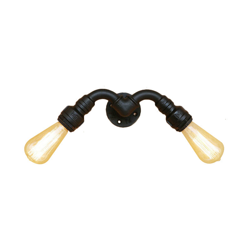 Vintage Style Bare Bulb Wall Lamp with Pipe Design 2 Heads Metal Wall Lamp in Black for Indoor