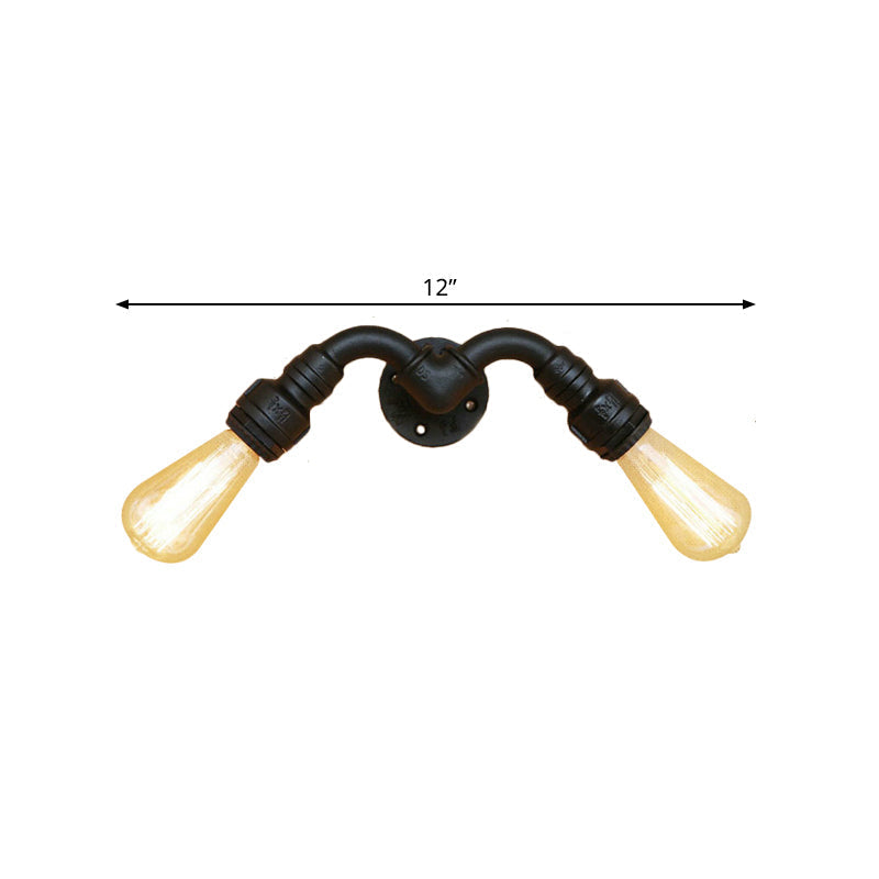 Vintage Style Bare Bulb Wall Lamp with Pipe Design 2 Heads Metal Wall Lamp in Black for Indoor