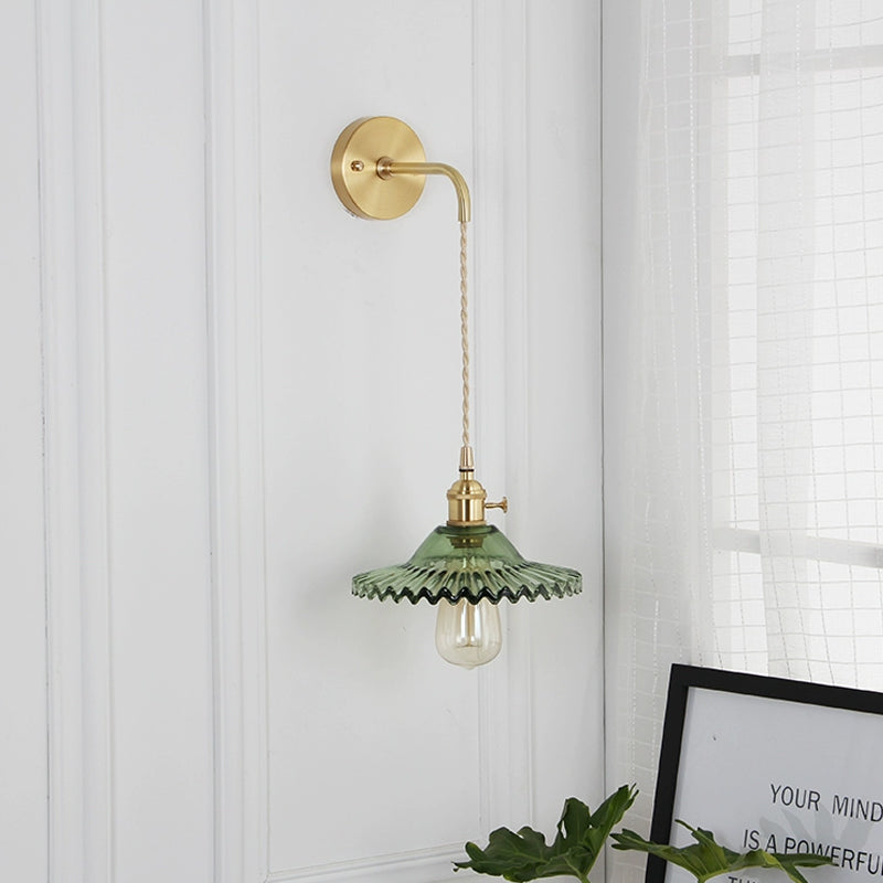 Green glass wavy wall lamp industrial 1 light living room lighting fixture in brass