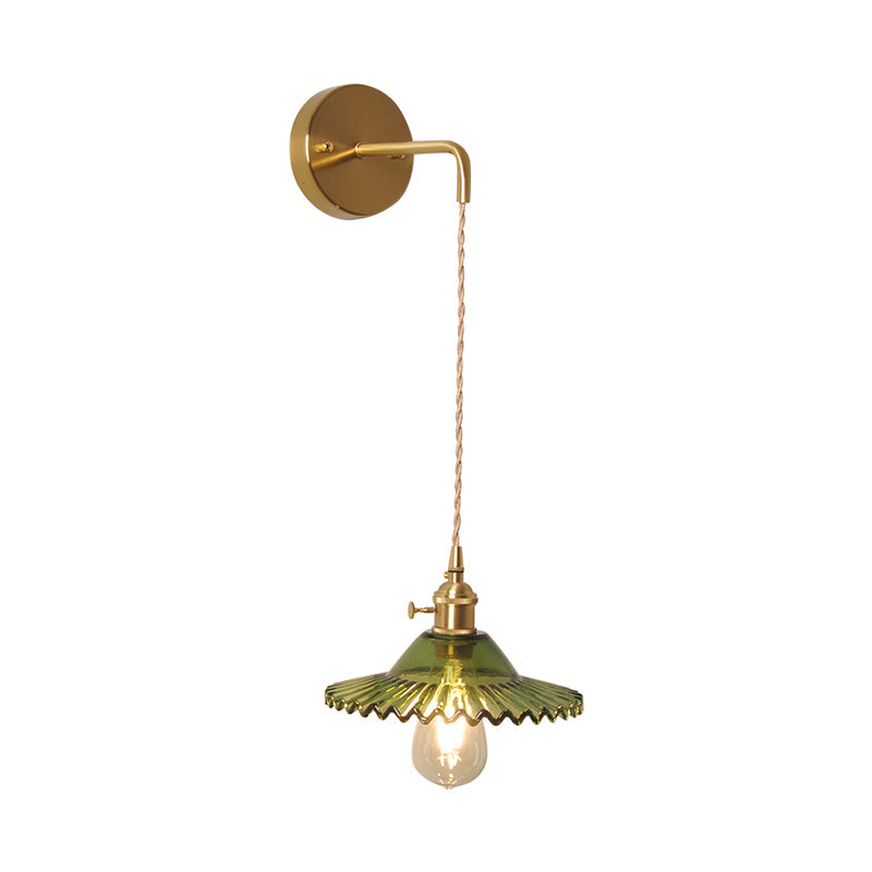 Green glass wavy wall lamp industrial 1 light living room lighting fixture in brass