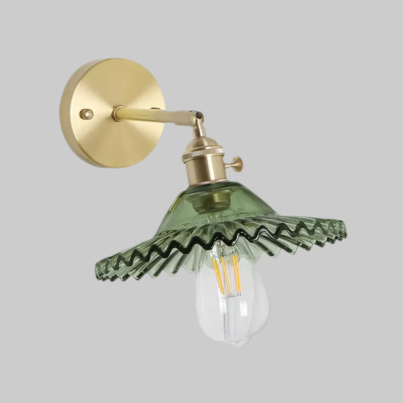 Industrial Bowl Wall Lighting Fixture 1 Bulb Green Glass Wall Light in Brass