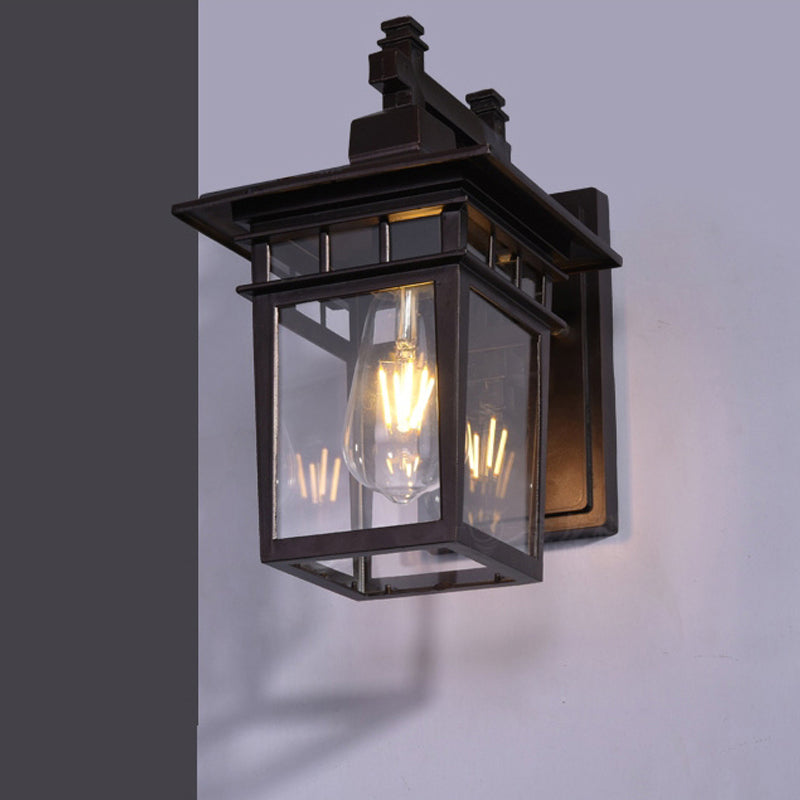 Lantern Clear Glass Wall Hanging Lamp Industrial Single Bulb Veranda Wall Light in Black