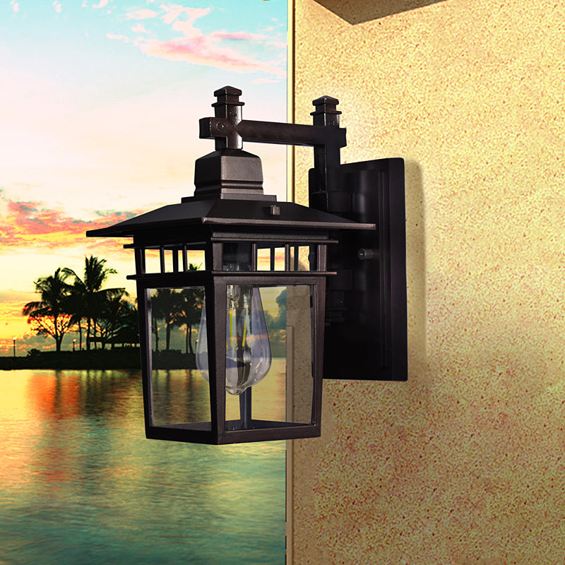 Lantern Clear Glass Wall Hanging Lamp Industrial Single Bulb Veranda Wall Light in Black