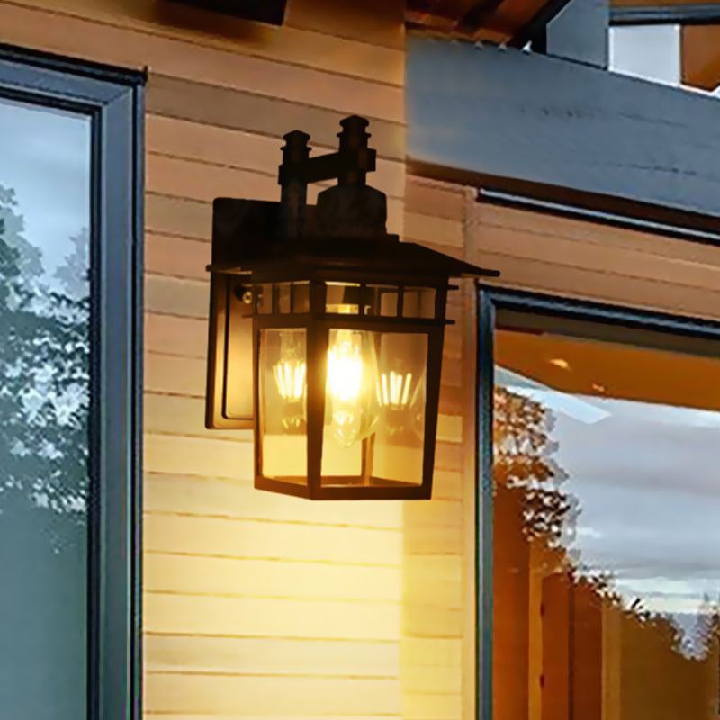 Lantern Clear Glass Wall Hanging Lamp Industrial Single Bulb Veranda Wall Light in Black