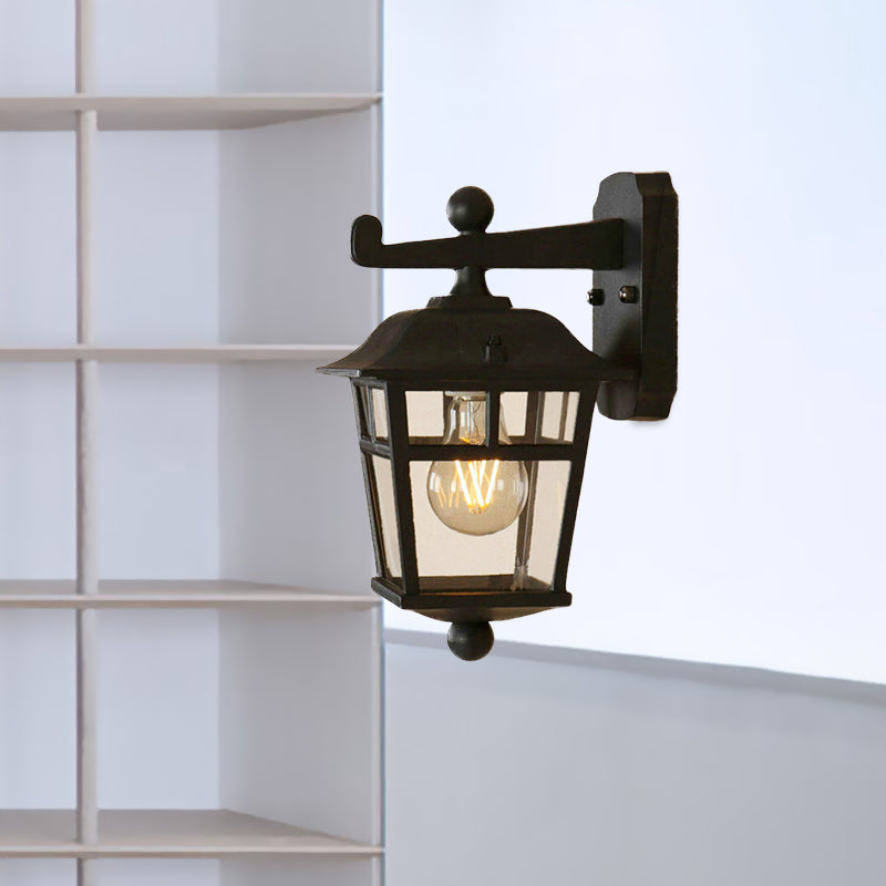 Lantern Clear Glass Wall Hanging Lamp Industrial Single Bulb Veranda Wall Light in Black