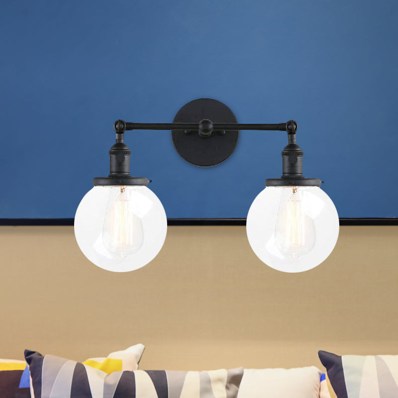 Round Living Room Wall Light Industrial Clear Glass 2-Lamp Black/Brass Wall Lamp for the Office