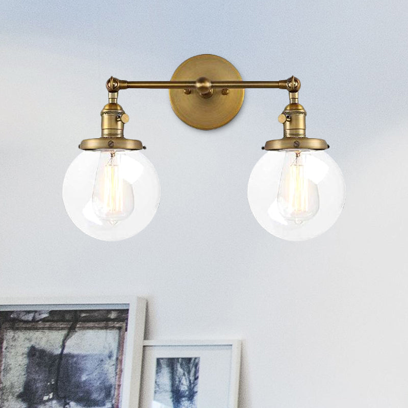 Round Living Room Wall Light Industrial Clear Glass 2-Lamp Black/Brass Wall Lamp for the Office