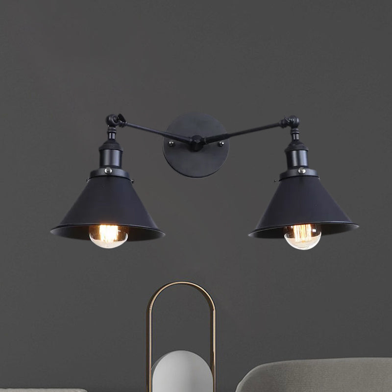 Tapered Umbrella Iron Wall Mount Light Industrial Vintage 2 Heads Farmhouse Wall Mount Light in Black/Brass