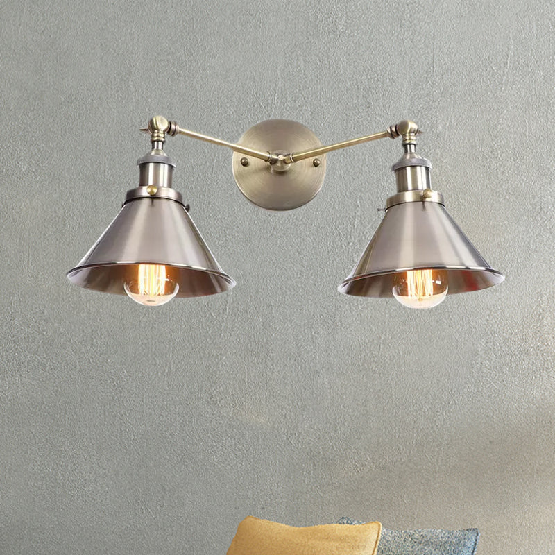 Tapered Umbrella Iron Wall Mount Light Industrial Vintage 2 Heads Farmhouse Wall Mount Light in Black/Brass