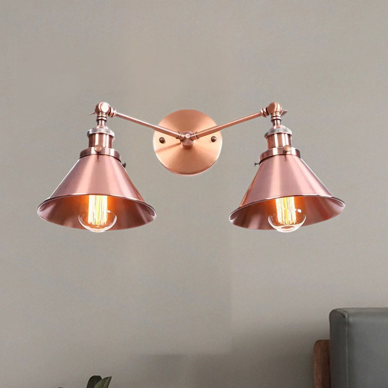 Tapered Umbrella Iron Wall Mount Light Industrial Vintage 2 Heads Farmhouse Wall Mount Light in Black/Brass
