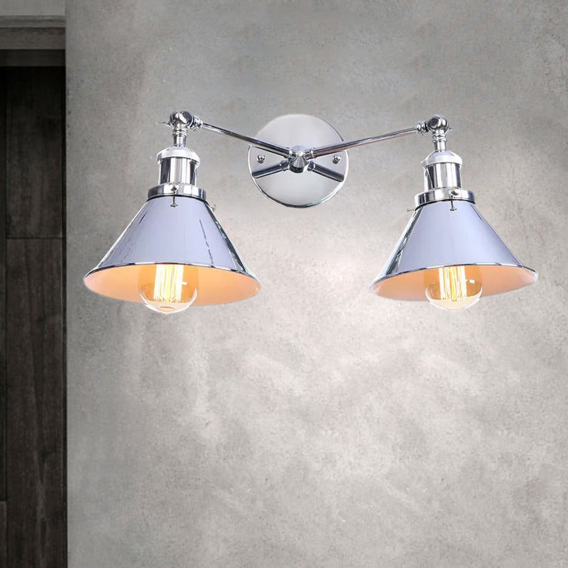 Tapered Umbrella Iron Wall Mount Light Industrial Vintage 2 Heads Farmhouse Wall Mount Light in Black/Brass