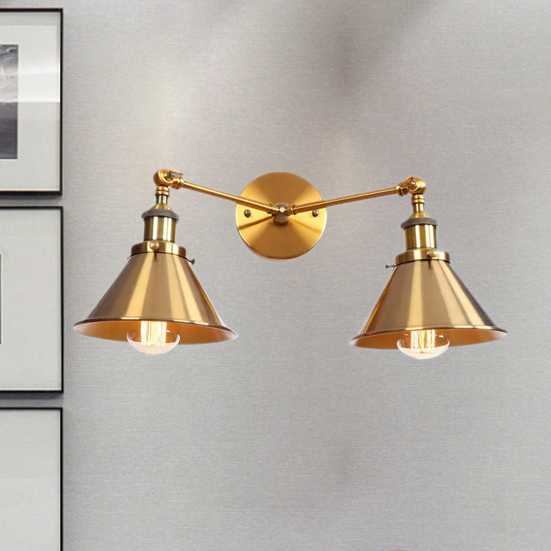 Tapered Umbrella Iron Wall Mount Light Industrial Vintage 2 Heads Farmhouse Wall Mount Light in Black/Brass