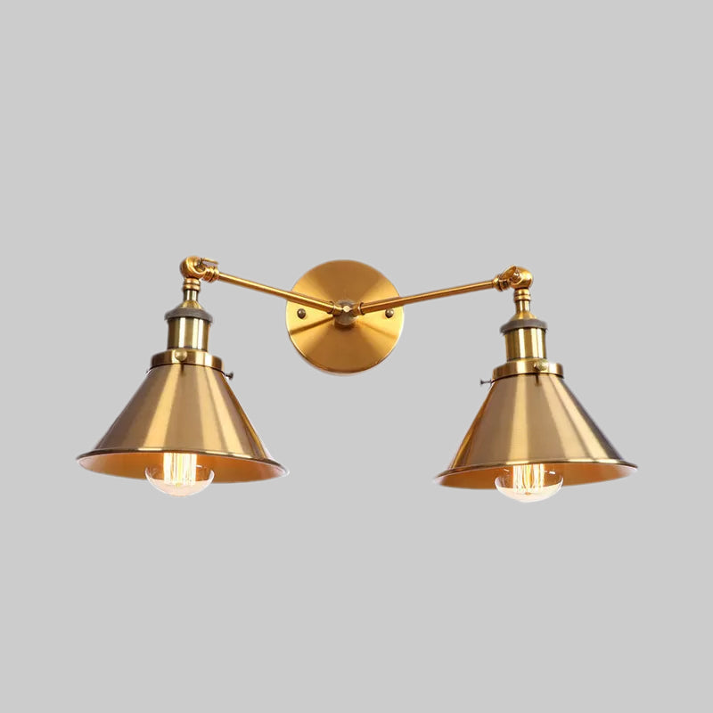 Tapered Umbrella Iron Wall Mount Light Industrial Vintage 2 Heads Farmhouse Wall Mount Light in Black/Brass
