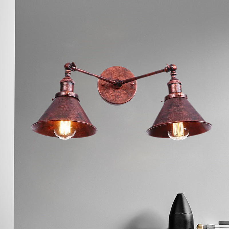 Tapered Umbrella Iron Wall Mount Light Industrial Vintage 2 Heads Farmhouse Wall Mount Light in Black/Brass