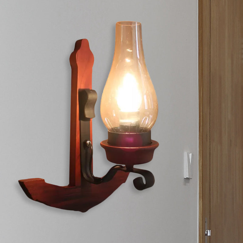 Vase Porch Wall Lamp Light Fixture Industrial Clear Glass Red Colored Wall Lamp with Wooden Back Plate
