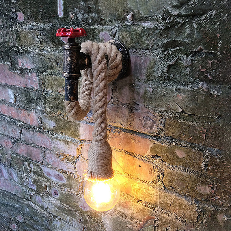 Water Pipe Metal Wall Light Lodge Style 1 Bulb Wall Lamp with Hanging Rope in Beige