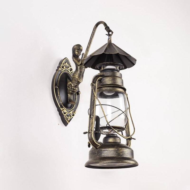 Kerosene Clear Glass Wall Lamp Coast Single Bulb Living Room Sconces Lamp in Black/Antique Brass