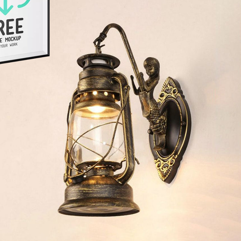 One Bulb Wall Lamp with Lantern Shade Clear Glass Coast Bedroom Wall Lamp in Black/Antique Brass/Aged Copper with Mermaid