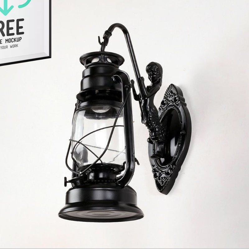 One Bulb Wall Lamp with Lantern Shade Clear Glass Coast Bedroom Wall Lamp in Black/Antique Brass/Aged Copper with Mermaid