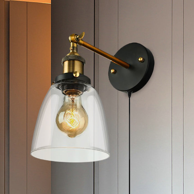 Tapered Bedroom Wall Light Lighting Decoration Rustic Clear Glass 1 Light Black Wall Lamp with Plug Cable
